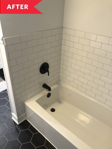 Tile Around Tub, White Bath Tub, 1980s Bathroom, Tile Around Bathtub, White Subway Tile Bathroom, Tub Remodel, Old Bathrooms, Subway Tiles Bathroom, Black And White Bathroom