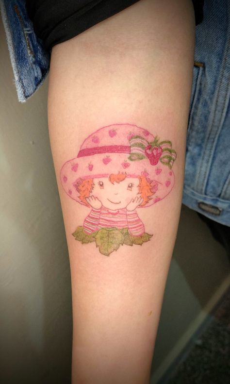 Strawberry Shortcake Tattoos, Strawberry Shortcake Tattoo Ideas, Strawberry Shortcake Tattoo, Dopamine Tattoo, Puzzle Piece Tattoo, Strawberry Tattoo, Cartoon Tattoo, Doll Tattoo, Cute Tats