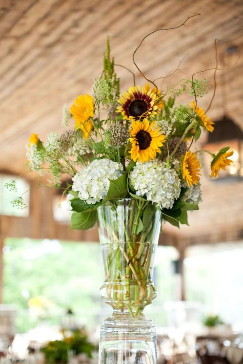 Photography by oliviagriffinphotography.com, Planning by waltonevents.com Sunflower And Blue Hydrangea Centerpieces, Sunflower Wedding Centerpieces, Sunflower Centerpieces, Sunflower Arrangements, Phone Photo, Tall Wedding Centerpieces, 2024 Wedding, Easy Christmas Diy, Wedding Arrangements