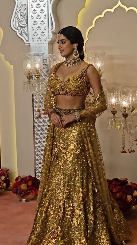 Janhvi Kapoor Shines In A Gold-Bejewelled Lehenga As BF, Shikhar Pahariya Hypes Her Up While Posing Golden Lehenga Simple, Lehenga Simple, Lehenga Ideas, Ambani Wedding, Jahnvi Kapoor, Golden Lehenga, Anant Ambani, Gold Lehenga, Cruise Party