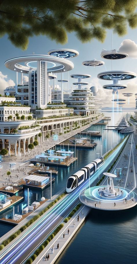 Fantasy Future City, Futuristic Mansion, Futuristic City Utopia Aesthetic, Future City Skyline, Futuristic City With Nature, Kota Masa Depan, White Futuristic City, Futuristic City Skyline, Castle House Design