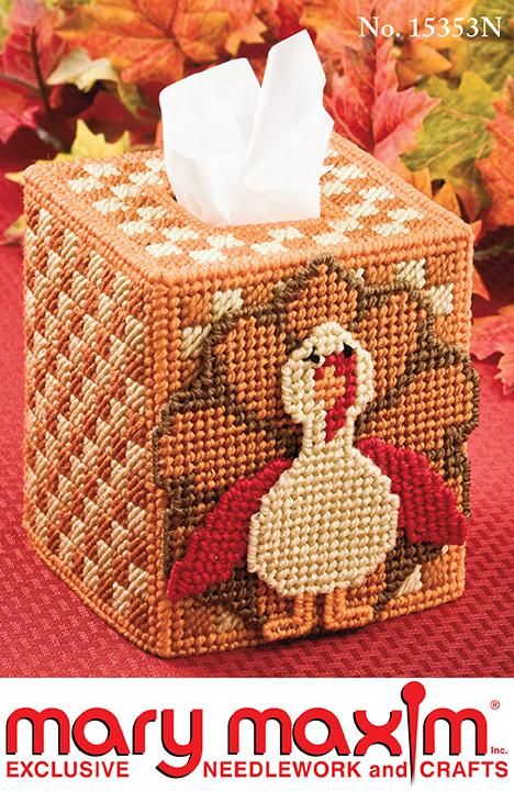 Make this adorable cover for your tissue box. This is a downloadable (non paper) pattern. For questions about yarn requirements, please contact us. After your purchase, you may download the pattern from your account. Thanksgiving Plastic Canvas Patterns, Thanksgiving Plastic Canvas, Plastic Canvas Box Patterns, Latch Hook Rug Kits, Mary Maxim, Plastic Canvas Tissue Boxes, Cozy Quilts, Plastic Canvas Christmas, Plastic Canvas Patterns Free