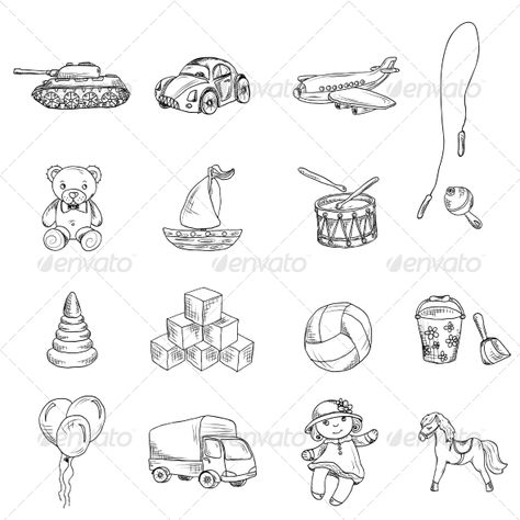 Toys Sketch Icons Set Vintage Kids Toys, Banner Doodle, Credit Card Icon, Airplane Car, Sketch Icon, Icon Design Inspiration, Teddy Bear Doll, Flat Icons Set, Cartoon Toys