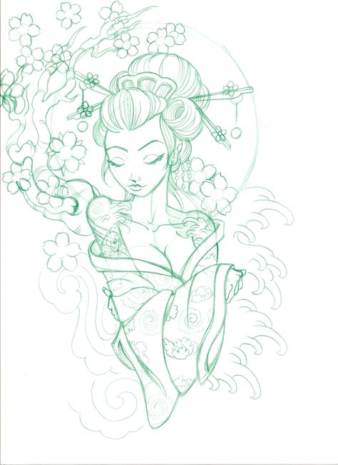 Mistletoe Tattoo, Geisha Drawing, Geisha Tattoos, Geisha Tattoo Design, Geisha Tattoo, Girls With Sleeve Tattoos, Japanese Tattoo Art, Elegant Tattoos, Tattoo Design Drawings