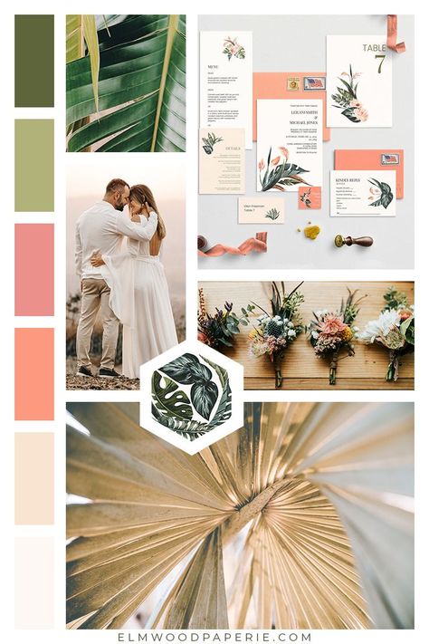 Weddings 2020 - Tropical Bohemian Wedding color combinations. This combination features lush cream, coral, pink, and greens. The wedding invitations are fresh and modern - perfect for tropical and destination weddings. Tropical Wedding Color Palette, Beach Wedding Color Palette, Tropical Boho Wedding, Hummingbird Logo, Boho Wedding Colors, Logo Bird, Tropical Bohemian, Tropical Wedding Theme, Logo Nature