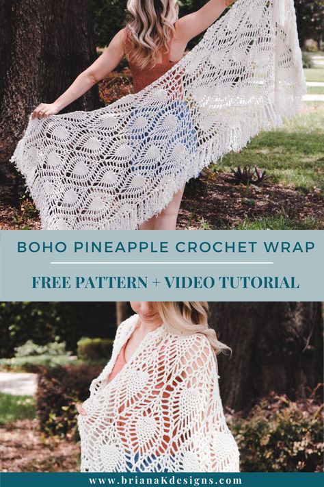 Try out the crochet pineapple stitch with this free crochet pattern + video tutorial. Liven up your look with a fun and fashionable boho wrap! Our Pineapple Lace Crochet Wrap features intricate fringe detail for an eye-catching touch. Go bold or neutral – either way; you can easily pair it with any outfit to create the perfect ensemble. The unique design is worked from the center so that when all sides are complete, everyone will know who's stealing the show: You. Crochet Weight 4 Yarn, Crochet Pineapple Patterns Free, Crochet Summer Patterns, Crochet Pineapple Stitch, Yarn Monsters, Pineapple Stitch, Crochet Thread Patterns, Crochet Pineapple, Crochet Garments