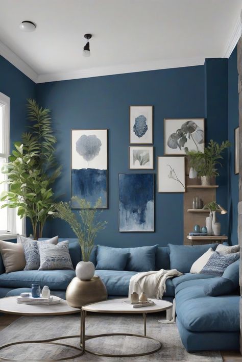 Marine Blue (2059-10) - Nautical Vibes: Best of 2024 Colors! - upgradesign.blog Color For Walls Living Room, Blue Family Room Ideas, Blue Living Room Aesthetic, Airbnb Living Room Ideas, Blue Wall Living Room, Living Room Ideas Blue, Blue Living Room Color Scheme, Navy Sofa Living Room, Kitchen Wall Color