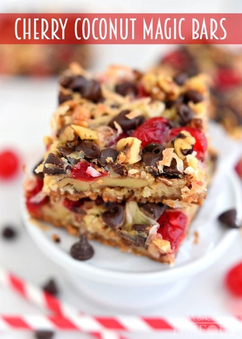 Cherry Coconut Magic Bars! If you love cherries, chocolate, and coconut together like I do - prepare for true bliss! | MomOnTimeout.com | #recipe #cherry #coconut #dessert #chocolate Cherry Frosting Recipe, Coconut Magic Bars, Cherry Frosting, Cherry Bars, Mom On Timeout, Chocolate And Coconut, Magic Cookie Bars, Cherry Coconut, Magic Bars