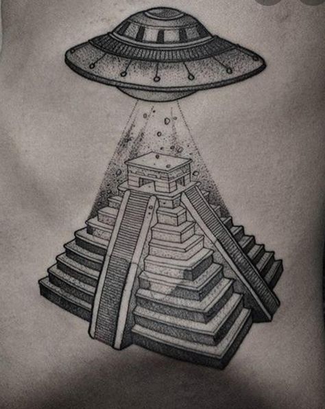 Aztec Pyramids Drawing, Pyramids Drawing, Tattoos Egyptian, Pyramid Tattoo, Drawing Tattoo Ideas, Aztec Pyramids, Ufo Tattoo, Mayan Tattoos, Egyptian Tattoo Sleeve