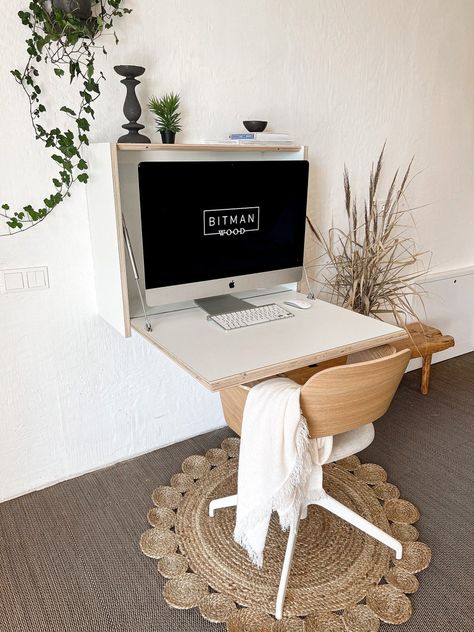 Small Space Work Station, Tiny Home Desk Space, Small Wall Office Space, Floating Work Desk, Hideable Desk, Small Office And Sitting Room Combo, Murphy Office Desk, Small Office Area In Bedroom, Murphy Desk Small Spaces