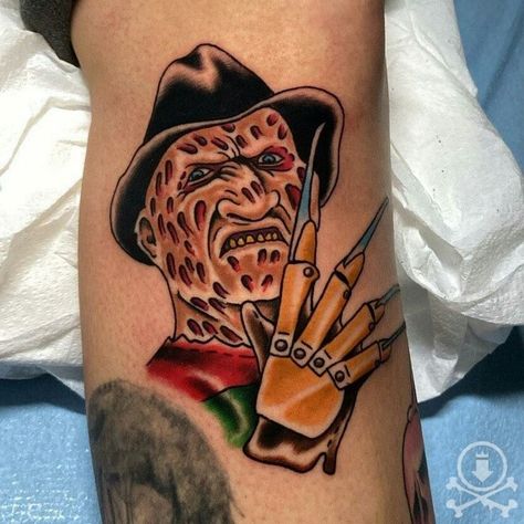 Awesome Freddy Krueger tattoo by David Carreras. #12ozstudios #team12oz #tattoo #tattoos #tattooed #tattooing #tattooism #tattooart #tattooartist #tattooer #tattooist #art #artstudio #tattooshop #tattoostudio #ink #inked #traditionaltattoos #horror #horrortattoos #freddykrueger #freddykruegertattoos #nightmareonelmstreet Freddy Krueger Tattoo, Pennywise Tattoo, Horror Movie Tattoos, Tattoos Traditional, Movie Tattoos, Horror Tattoo, Classic Tattoo, Cartoon Tattoos, Tattoo Flash Art