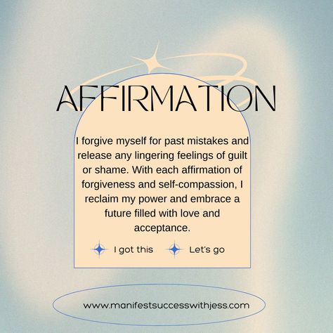 Forgive yourself and let go of guilt and shame! Like this post to affirm for yourself and reclaim your power. Don't forget to check the link in bio for more forgiveness affirmations. #Forgiveness #ReleaseGuilt #ManifestationAffirmations #SelfForgiveness #LettingGo #LoveAndAcceptance #SelfCompassion #Mindfulness #HealingJourney #EmotionalWellness #Empowerment #PositiveVibes #ManifestingMiracles #GoalDigger #SelfCare #PowerOfAffirmations #HealingProcess #LoveAndForgiveness #ShareToEmpower #Gr... I Forgive Myself Affirmations, Self Forgiveness Affirmations, Forgiveness Affirmations, Let Go Of Guilt, Guilt And Shame, Reclaim Your Power, Manifest Success, Forgive Yourself, Love And Forgiveness