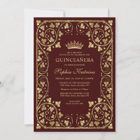 $2.80 | Vintage Burgundy Red Gold Modern Tiara Quinceanera #quinceañera, mis quince quinceanera, burgundy maroon red, faux gold glitter frame, 15th birthday xv anos, tiara crown, miss quince mexican, vintage classic, modern elegant, royal princess Burgundy Invitations, Quinceanera Invitation, 21st Birthday Invitations, Fun Invitations, 40th Birthday Invitations, Gold Tiara, Princess Tiara, Quinceanera Invitations, Gold Invitations