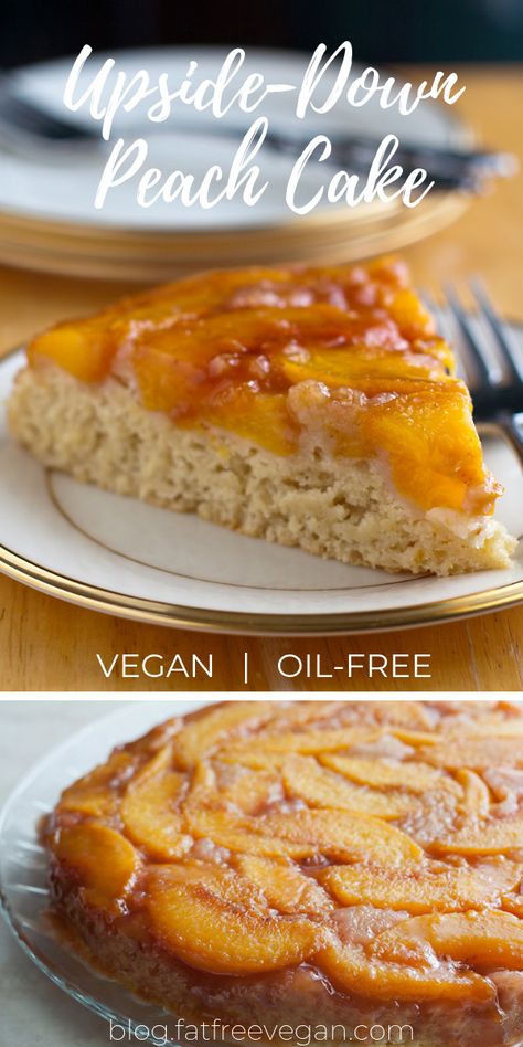 Oil Free Desserts Vegan, Plant Based Peach Recipes, Vegan Peach Cake Recipe, Oil Free Vegan Cake, Vegan Upside Down Peach Cake, Vegan Peach Upside Down Cake, Healthy Vegan Desserts Clean Eating, Peach Cake Vegan, Peach Recipes Vegan