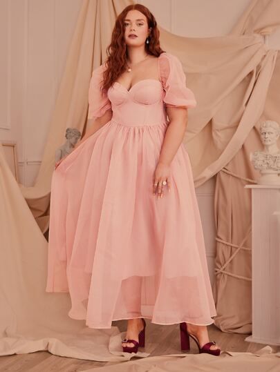 Dress For Chubby, Plus Size Fashion Dresses, Plain Wedding Dress, Vestidos Color Rosa, Pink Party Dresses, Pink Wedding Dresses, Puff Dress, Prom Ball Gown, Organza Dress