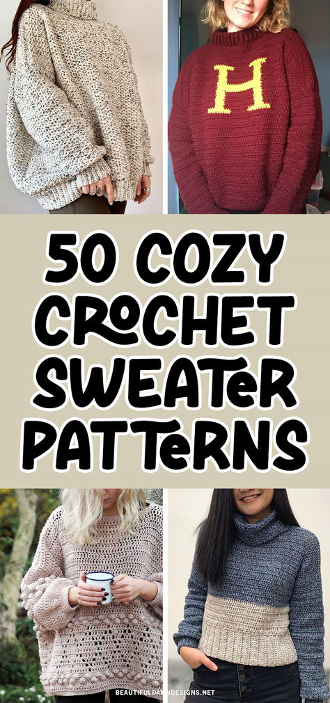 Fall in love with these adorable crochet sweater patterns that will keep you cozy all season long! You'll find crochet turtlenecks, chunky crochet sweaters, and more cute and cozy patterns. Chunky Yarn Ideas Crochet, Crochet Comfy Sweater, Crochet Chunky Turtleneck Sweater, Crocheted Sweater Free Pattern, Retro Crochet Sweater Pattern, Boucle Crochet Pattern, Free Crochet Pull Over Sweater Patterns, Hand Knit Sweaters For Women Handmade, Pullover Crochet Sweater