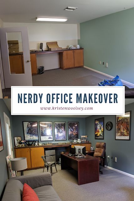 Guy's Office Makeover | Star Wars Office | Featuring Valspar Academy Gray Nerdy Office Ideas, Geeky Office, Star Wars Home Office, Star Wars Themed Office, Star Wars Office Ideas, Star Wars Office Decor, Star Wars Furniture Office, Men’s Home Office Star Wars, Work Office Makeover