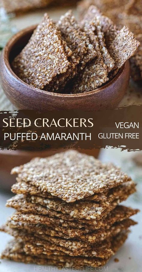 Looking for healthy puffed amaranth recipes or popped amaranth snacks? Take a look at these crunchy vegan gluten free seed crackers made with puffed amaranth (popped amaranth) flax seeds and sesame seeds. These easy healthy crackers can be made sweet or savory or customized with different types of seeds. #amaranth #crackers #vegan #glutenfree #healthy #seedcrackers #snack Recipes With Amaranth, Popped Amaranth Recipes, Puffed Amaranth Recipes, Amaranth Crackers, Puffed Amaranth, Popped Amaranth, Crackers Gluten Free, Seed Crackers Recipe, Amaranth Recipes