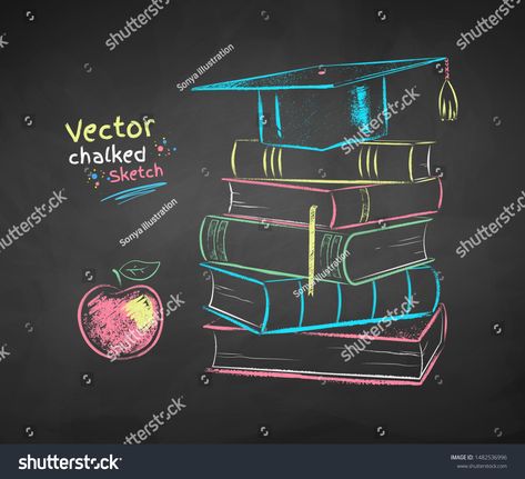 Vector color chalk drawn illustration of owl apple, books and graduation hat on chalkboard background. #Ad , #AD, #drawn#illustration#owl#Vector Graduation Drawing, Drawing Apple, Hat Illustration, Owl Vector, Chalkboard Background, Graduation Hat, Chalk Drawings, Apple Books, Drawn Illustration