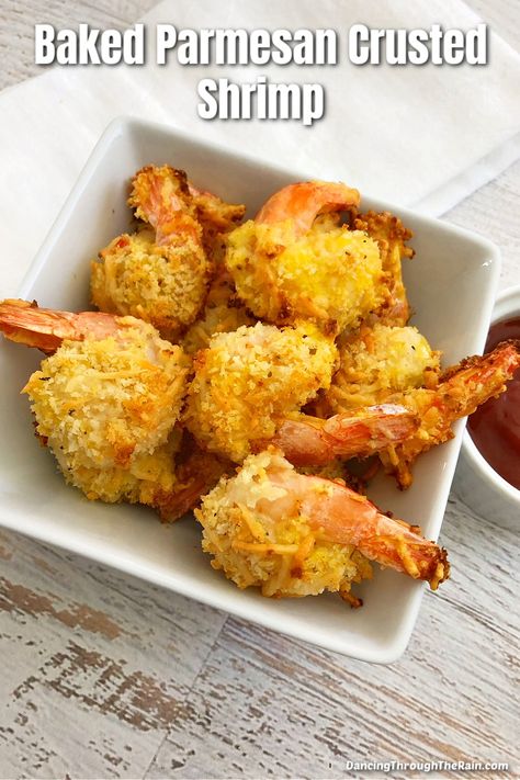 A white square bowl with Baked Parmesan Crusted Shrimp inside on a white wooden table next to a white bowl of cocktail sauce Parmesan Crusted Shrimp, Crusted Shrimp, Shrimp Parmesan, Breaded Shrimp, Baked Shrimp, Parmesan Crusted, Cheesy Recipes, Treat Ideas, Food Favorites