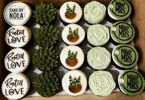 Cupcakes for a Rooted in Love themed bridal shower. My favorite topper has to be the center one. That is a plant commonly referred to as Mother-in- Law’s Tongue. I thought that was perfect for a bridal shower😉 #cupcakes #cupcakesofig #cupcakesofinstagram #instacupcakes #cupcakestagram #fondantcupcakes #buttercreamcupcakes #handpaintedfondant #rootedinlove #decoratedcupcakes Plant Themed Bridal Shower Decor, Rooted In Love Bridal Shower Theme, Nature Themed Bridal Shower Ideas, Bridal Shower Nature Theme, Bridal Shower Plant Theme, Plant Bridal Shower Theme, Plant Themed Bridal Shower Ideas, Succulent Bridal Shower Ideas, Plant Cupcakes