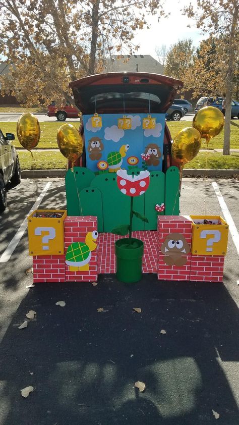 Mario Trick Or Trunk, Spooky Mario Trunk Or Treat, Super Mario Golf Cart, Trunk Or Treat Super Mario Theme, Diy Mario Trunk Or Treat, Mario And Luigi Trunk Or Treat Ideas, Super Mario Float, Nintendo Trunk Or Treat, Trunk Or Treat Super Mario