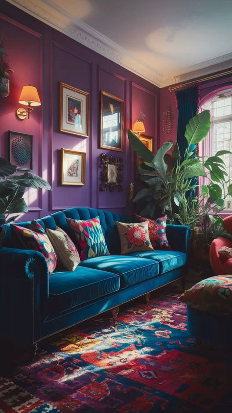 Plush Interior Design, Cozy Jewel Tone Living Room, Bold Colored Rooms, Jewel Tones Interior Design Living Room, Bold Colorful Living Room, Pops Of Colour Living Room, Purple Living Room Aesthetic, Pirate Quarters, Eggplant Living Room