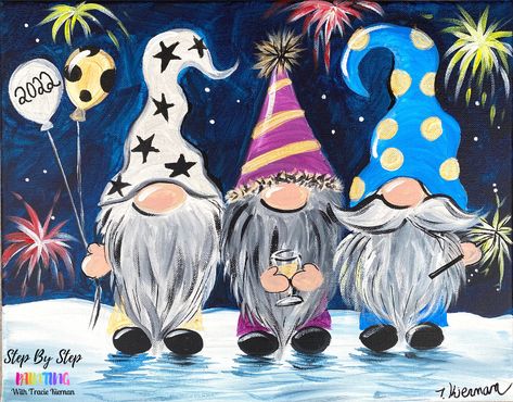 New Year Gnomies Acrylic Painting Tutorial Firework Painting, Gnome Paint, Christmas Canvas Art, Acrylic Tutorials, Palm Trees Painting, Rainbow Painting, Painted Hats, Paint Nite, Canvas Painting Tutorials