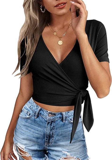 Amazon.com: Black Crop Tops for Women Deep V Neck Shirts Cute Going Out Tie Front Top Sexy L : Clothing, Shoes & Jewelry Concert Oufit, Womens Shirts Casual, Outfits Simple, Boho Pullover, Tops For Women Casual, Wrap Top Blouse, Outfit Travel, Casual Tie, Crop T Shirt