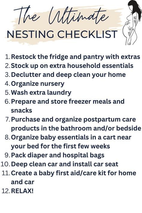 A nesting checklist is listed out one through twelve as a free printable. Pregnancy Nesting Checklist, Nesting Party Ideas Checklist, Nesting To Do List, Nesting Checklist Before Baby, Nesting Party Checklist, Nesting Organization, Nesting Essentials, Nesting Aesthetic, Nesting Party Ideas