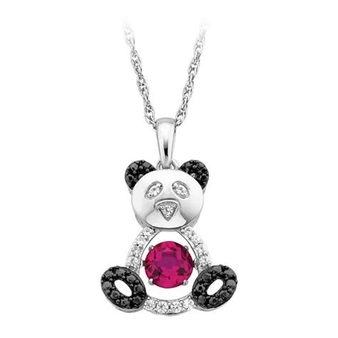 Fred Meyer Jewelers | This whimsical Lovebeat panda pendant is beautifully fashioned from sterling silver with a vibrant 5mm round created ruby gemstone suspended in the center from two points causing it to move continuously to the beat of her heart. Finishing the adorable look are 1-1.2mm created white sapphire gemstones accenting the body nose and eyes. An 18 inch rope chain with a spring ring clasp is included. Pendant measures 22.7mm long by 14mm wide. Panda Pendant, Panda Necklace, Sterling Silver Heart Pendant, Jewelry Charms Pendants, Red Pendants, Ruby Pendant, Jewelry Pendants, Sapphire Color, Red Jewelry