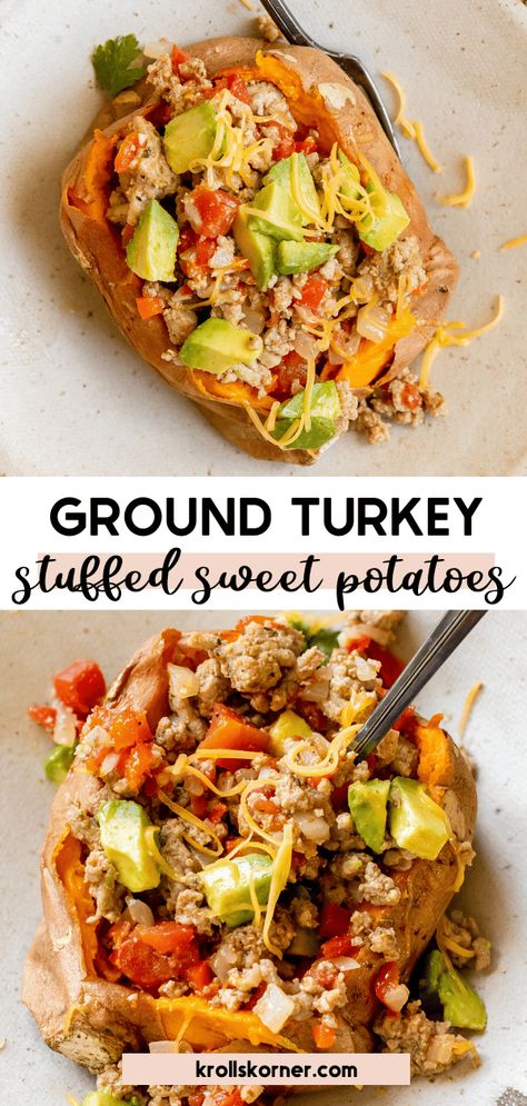 Our favorite go-to Ground Turkey dinner. This stuffed sweet potato is easy, healthy and completely satisfying. Baked sweet potatoes stuffed with a flavorful ground turkey mixture seasoned with cumin, oregano and diced tomatoes for a pop of color. Top avocado and cheese! Sweet Potato Recipes For Thanksgiving, Potato Recipes For Thanksgiving, Recipes Peppers, Ground Turkey Dinner, Healthy Sweet Potato Recipes, Stuffed Sweet Potato, Turkey Meat, Easy Weeknight Dinner, Turkey Dinner