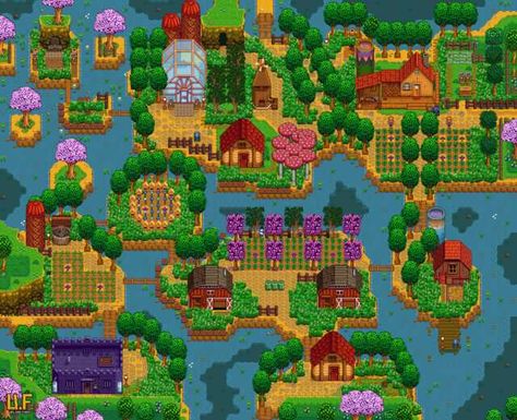 Stardew valley riverland farm design - Imgur Stardew Farms, Stardew Valley Layout, Stardew Valley Tips, Valley River, Stardew Valley Farms, Farm Layout, Beautiful Farm, Farm Design, Stardew Valley