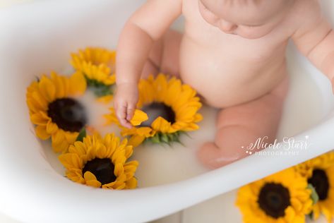 Sunflower Milk Bath, Sunflower Milk, Birth Photoshoot, Summer Baby Photos, Baby Milk Bath, Milk Bath Photos, Half Birthday Baby, Milk Bath Photography, Bath Photography