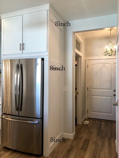 A weekend kitchen project...framing out my refrigerator ~ LeCultivateur Fridge Housing Ideas, Refrigerator On Small Wall, Fantasy Kitchen, Refrigerator Panels, Refrigerator Cabinet, Kitchen Updates, Built In Cabinet, Kitchen Fridges, Built In Refrigerator