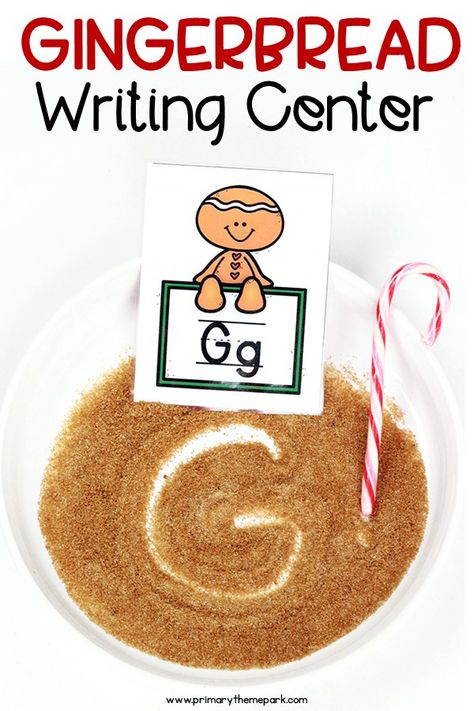 Here’s a fun gingerbread writing center idea for your classroom this Christmas!  Make a mixture of dark brown sugar, salt and a bit of flour. Have students write letters or words in the mixture using their finger, a pencil or a candy cane! This activity is great for tactile and kinesthetic learners. #gingerbread #christmasideasforkids Fall Craft Activities For Preschool, Candy Cane Craft Preschool, Gingerbread Day Kindergarten, Gingerbread Activity Kindergarten, Gingerbread Dramatic Play Preschool, Kindergarten Gingerbread Activities, Preschool Gingerbread Theme, Christmas Centers Preschool, Gingerbread Day At School