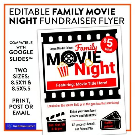 Editable Family Movie Night Flyer - 2 sizes! by EduDesign Savvy | TPT Movie Night Fundraiser, Pta Organization, Car Wash Fundraiser, Movie Night Flyer, Tutoring Flyer, Pta School, Fundraiser Flyer, Festival Flyer, Family Movie