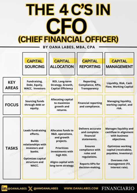 #FinanceMaster on LinkedIn: The 4 Cs in CFO (by Oana Labes, MBA, CPA)  The Chief Financial Officer… Financial Literacy Lessons, Accounting Basics, Cash Management, Strategic Goals, Business Marketing Plan, Chief Marketing Officer, Chief Financial Officer, Business Leadership, Learning Courses