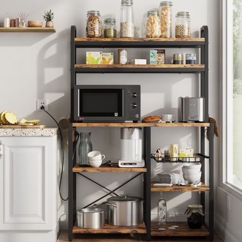 Kitchen Buffet Table, Industrial Coffee Bar, Coffee Bar Station, Microwave Stand, Microwave In Kitchen, Kitchen Buffet, Bakers Rack, Kitchen Storage Shelves, Kitchen Stand