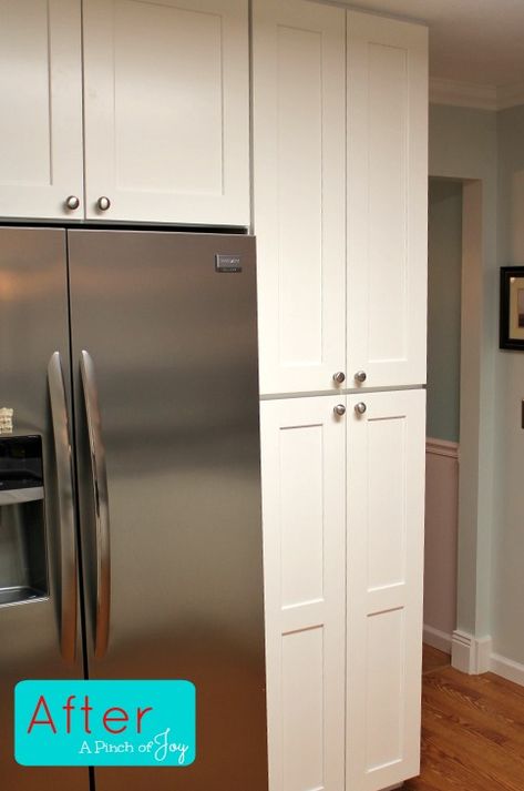 Stand Alone Refrigerator Ideas, Pantry Around Fridge, Fridge Pantry Wall, Refrigerator Wall With Cabinets, Pantry Around Refrigerator, Fridge And Pantry Wall, Pantry Next To Refrigerator, Kitchen Refrigerator Wall, Cabinets Around Fridge