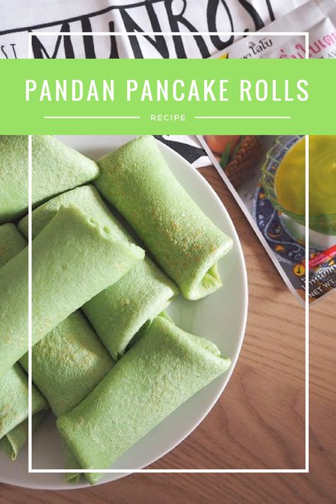 Pandan Leaves Recipes, Pandan Crepes, Thai Pancakes, Pandan Pancakes, Thai Dessert Recipe, Coconut Crepes, Pandan Dessert, Pandan Custard, Thai Breakfast