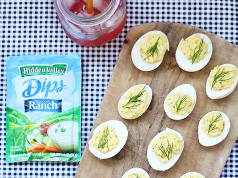 Pickled Ranch Deviled Eggs, Easy Game Day Snacks, Dill Ranch, Ranch Deviled Eggs, Party Bites, Hidden Valley Ranch, Appetizer Ideas, Ranch Dip, Potluck Dishes