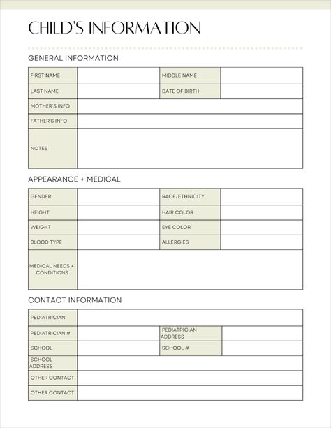 This printable child's information sheet is a great tool to list all important information pertaining to your child or children. Give this form to your child's babysitter, nanny, daycare, or school. This info sheet comes in 8 different colors. You can pick your favorite or use as many as you need to color-coordinate by child. Print and write with US Letter (8.5x11 inch) or fill on your digital tablet with A4 (210 x 297 mm). Daycare Information Sheet, Babysitter Printable, Student Info Sheet, Student Info, Baby Printables, Kids Daycare, Home Daycare, Digital Tablet, Nanny