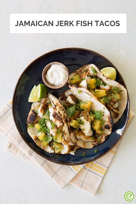 Jamaican Jerk Fish Tacos | eMeals.com Jerk Tacos, Fish Tacos With Pineapple Salsa, Jerk Fish, Tacos With Pineapple Salsa, Tacos With Pineapple, Tacos With Mango Salsa, Cooked Pineapple, Simple Eating, Tropical Food