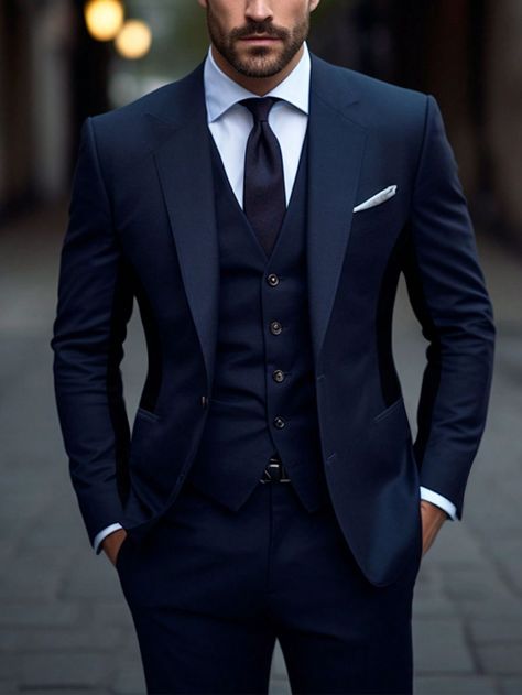 Navy Blue Suit Men Wedding, Dark Blue Suit Men, Navy Fitted Suit, Navy Blue Suits For Men, Navy Suit Outfit Men, Mens Navy Blue Suit, Navy Blue Groomsmen Suits, Groom Suits For Wedding, Blue Suit For Men