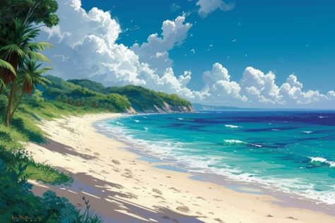 A vibrant serene tropical beach with - Enea Kelo Ghibli Beach, Anime Beach, Pool Art, Coconut Trees, Pop Style, Clear Blue Sky, Sunset Art, Beach Scene, Dreamy Art