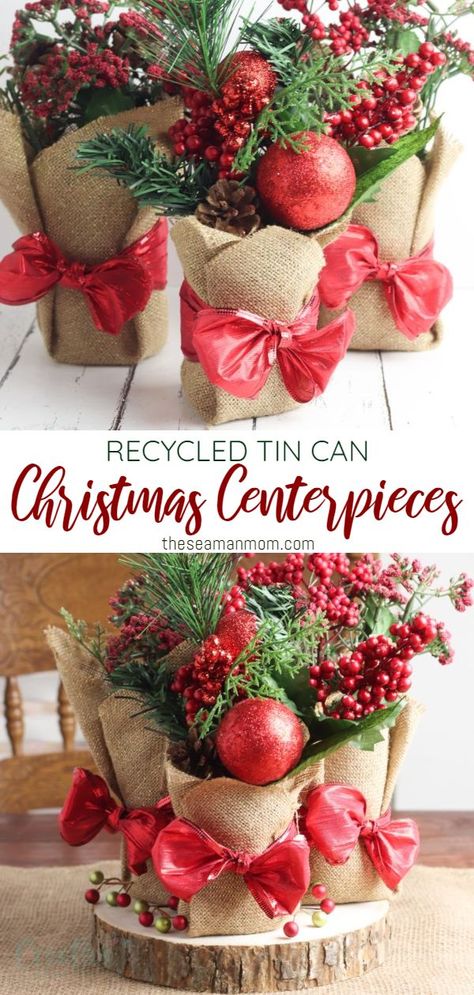 Can Centerpieces, Hosting A Christmas Party, Tin Can Centerpieces, Holiday Party Centerpieces, Diy Christmas Centerpieces, Christmas Party Centerpieces, Barbie Products, Christmas Centerpieces Cheap, Centerpieces Christmas