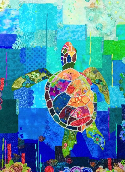 Turtle Collage, Sea Turtle Quilts, Turtle Quilt, Boro Stitching, Paper Quilt, 3d Quilts, Turtle Pattern, Fabric Collage, Applique Quilting