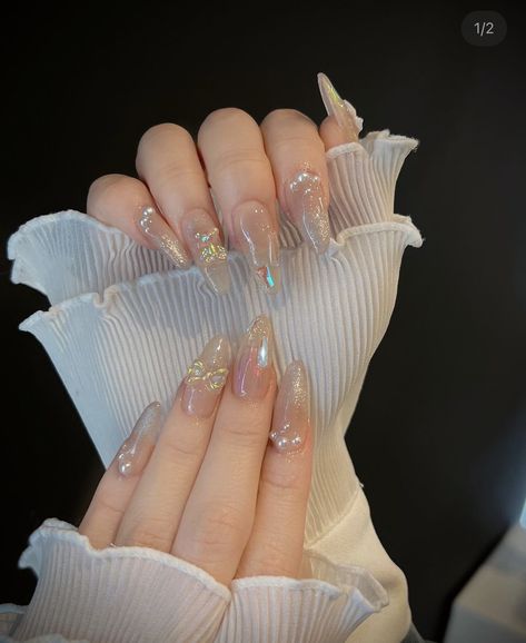 Korean Wedding Nails, Douyin Nails Coffin, Chrome Douyin Nails, Acrylic Nails Douyin, Douyin Clear Nails, Douyin Diamond Nails, Liquid Gel Nails, Long Round Nails, Quinceanera Nails