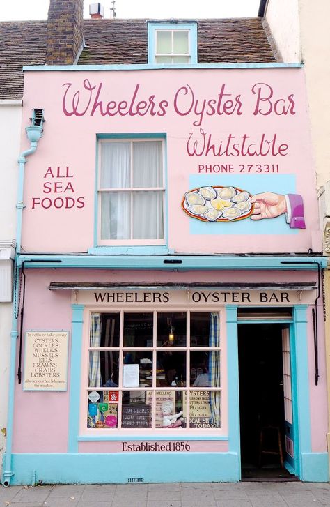 The pretties pink and blue house / building in whitstable! Seaside houses are the prettiest!!!!!!  wheelers-oyster-bar-in-whitstable-kent. Whitstable Kent, Lunch On The Beach, Seaside Shops, Luke Edward Hall, Edward Hall, Kent Coast, Blue Cafe, Seaside House, Oyster Bar